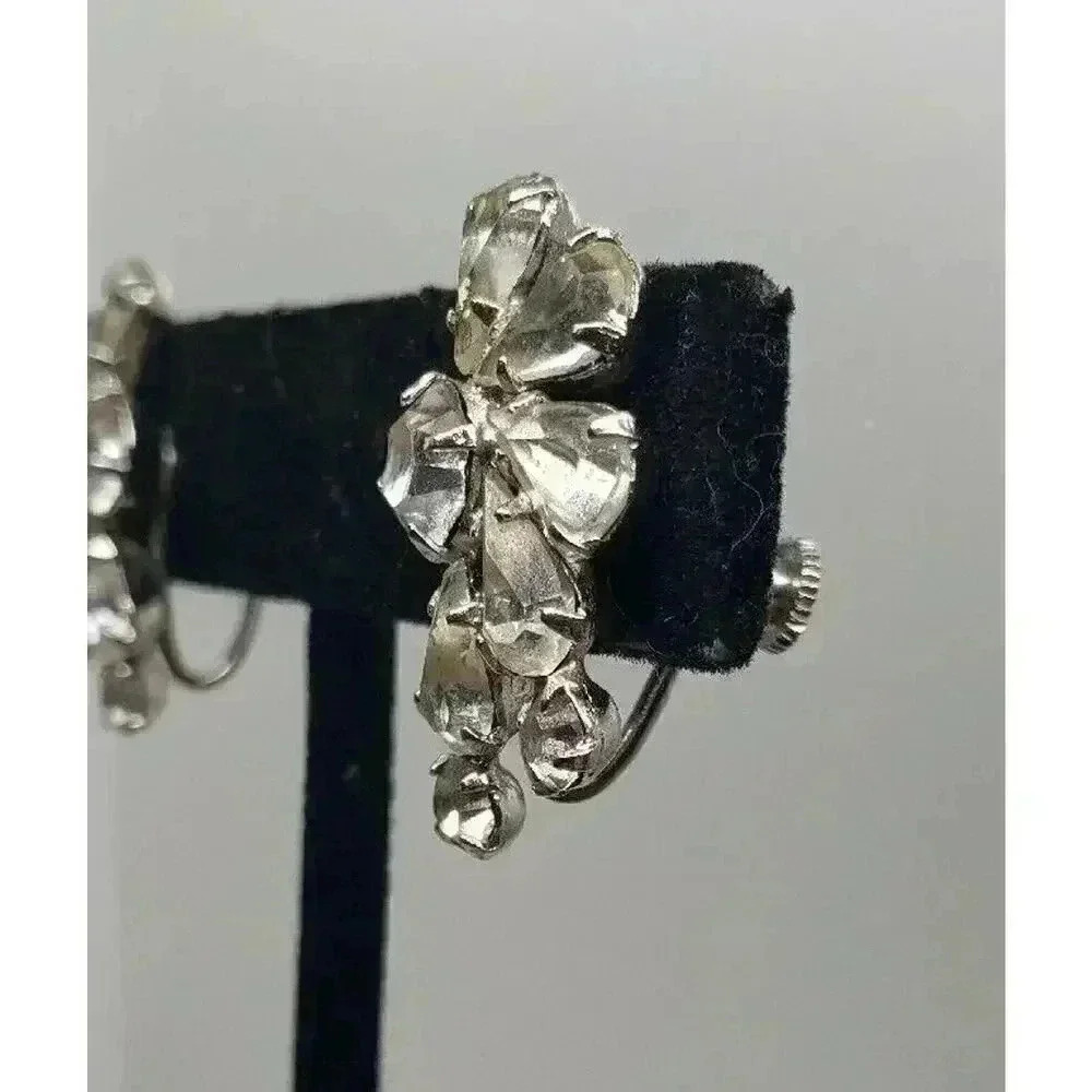Vintage Earrings Clear Rhinestone Clip Clear Half Flower Star Bride Statement - Picture 5 of 10